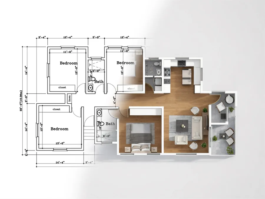 Floor plan drawing transitioning into a 3D rendered view of a residential layout, illustrating the draughting and approval process.